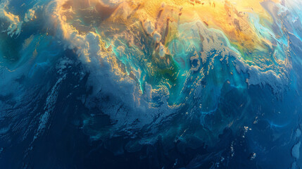 The image is of a blue and green ocean with a yellowish hue - obrazy, fototapety, plakaty