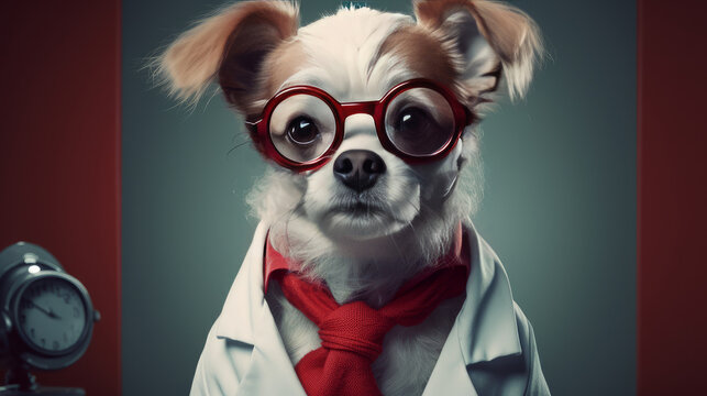 A dog with glasses, with a stethoscope in a red jacket and a doctor's suit on a dark background.