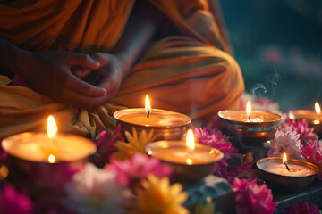 Close-up of Buddhist Monk with Lit Candles and Flowers in Meditation, Vesak Day celebration concept
