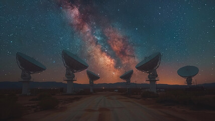 Satellite dishes arranged neatly under the Milky Way,generative ai
