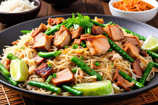 Filipino Pancit Bihon is a dish that originates from China. These are fried noodles stir-fried in a wok with pieces of chicken, pork belly, peppers, green beans, cabbage, garlic and shallots.
