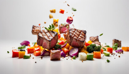 Grilled steak cubes and different vegetables floating on white background AI generated