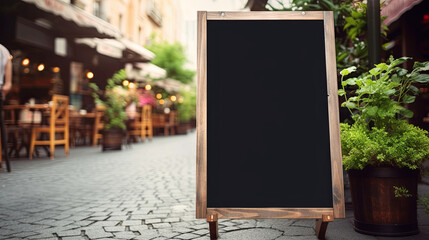 Empty Black Menu board mockup near restaurant