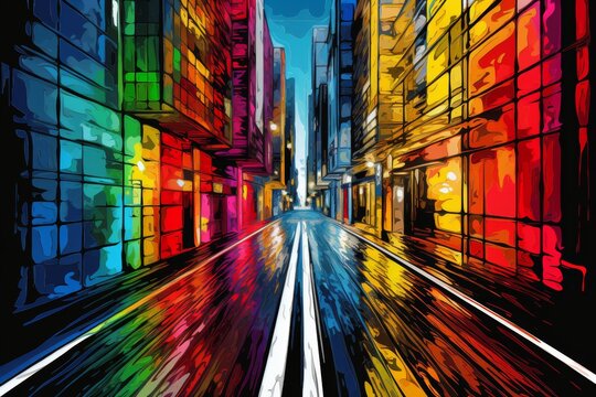 Vibrant neon glow abstract drawing of urban city street with nightlife scene and bright colors