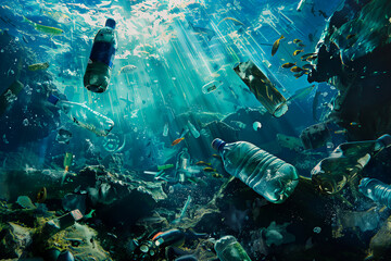 Ocean pollution depicted by plastic bottles adrift in the sea.
