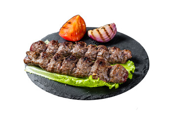 Grilled Urfa kebab with tomato, salad and onion.  Isolated, Transparent background.