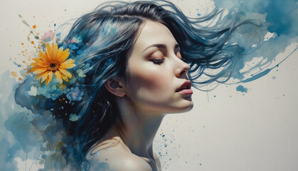 An abstract watercolor portrait of a young woman with blue flowers. AI generated