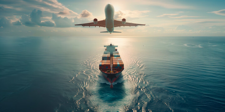 Airplane flying over a cargo ship at sea, showcasing global logistics.