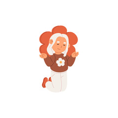 Cute little girl in costume of flower. Happy kid kneeling, sits on floor. Lovely small child in sweater with floral print. Funny baby smiles, spreads hands. Flat isolated vector illustration on white