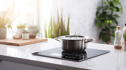 Modern induction stove with pot on table in kitchen. Mockup for design generativa IA - obrazy, fototapety, plakaty