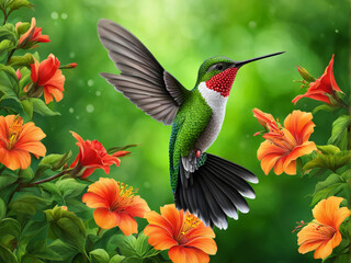 A hummingbird sucking nectar.