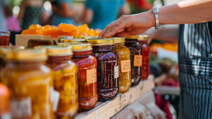 A casual vendor handpicks a jar of homemade jam at a sunny outdoor market, offering variety