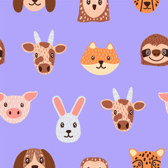 Repeatable print of cute animal muzzles. Endless pattern of different happy faces dog, owl, rabbit, cow, pig. Adorable childish portraits of leopard, fox, sloth. Flat seamless vector illustration