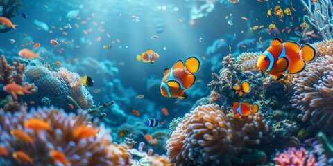 Fototapeta na wymiar Vivid underwater coral reef scene with tropical discus fish in natural habitat
