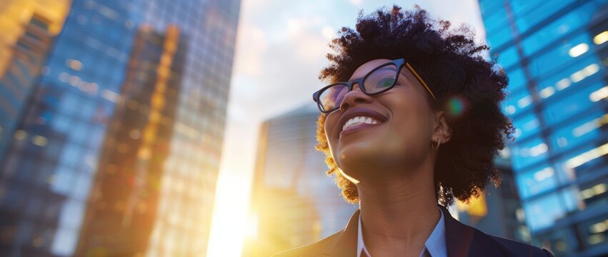 Empowered African American businesswoman enjoying cityscape at sunset, symbolizing urban success and career satisfaction with vibrant skyline backdrop - AI generated