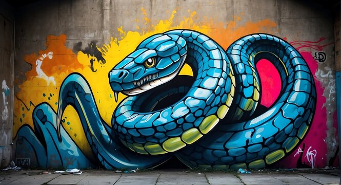 Abstract blue theme of a giant snake spray painted vandalized concept graffiti tag art background from Generative AI