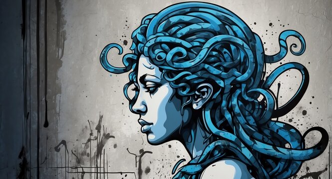 Abstract blue theme of medusa spray painted vandalized concept graffiti tag art background from Generative AI
