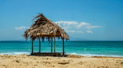 Fototapeta na wymiar une petite paillotte en bois et feuilles de palme sur une plage déserte