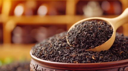 Dry black tea leaves in a wooden spoon, close-up