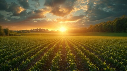 Illustration of a field of green plants with a sunset in the background. Beginning of growth. - obrazy, fototapety, plakaty