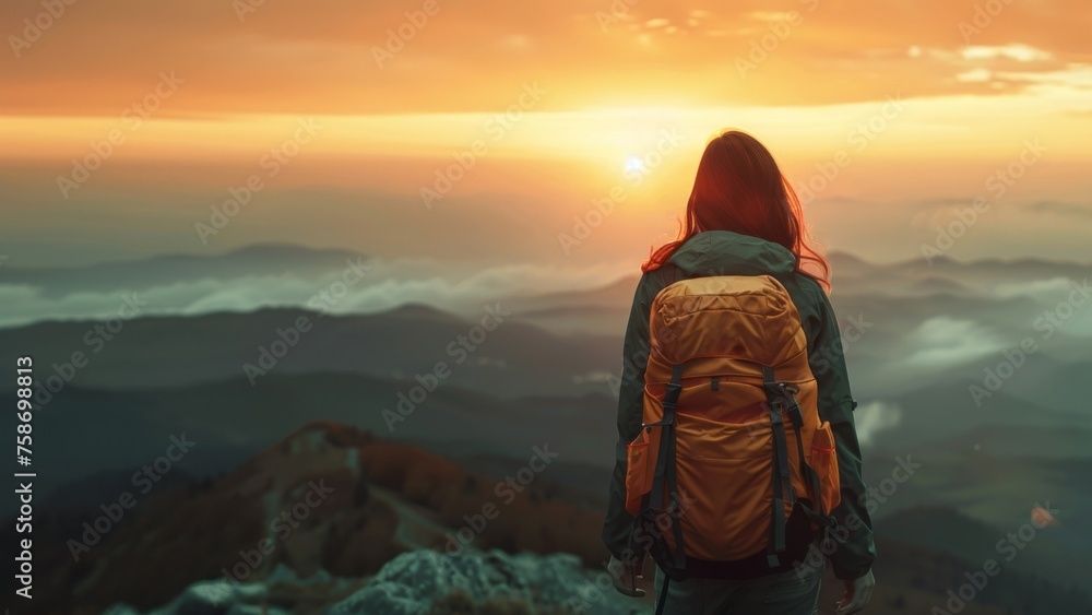 Wall mural Hiking hiker walking traveler mountains landscape view adventure nature outdoors sport background panorama - woman with hiking backpack sunset sunrise