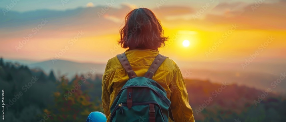 Wall mural Hiking hiker walking traveler mountains landscape view adventure nature outdoors sport background panorama - woman with hiking backpack sunset sunrise