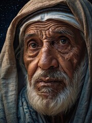 An old man in a country in the middle east. The face of the old man in local clothes.wrinkled face.
