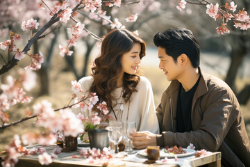 Young Asia couple having a romantic picnic under cherry blossom trees. - 758698854