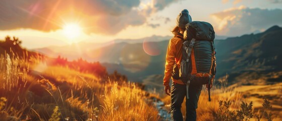 Hiking hiker walking traveler mountains landscape view adventure nature outdoors sport background panorama - woman with hiking backpack sunset sunrise