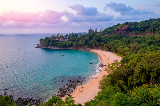 Aerial top view paradise Thai Phuket, blue sea and sand beach with sunset, travel photo Thailand