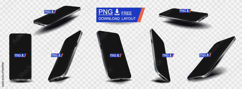 Poster vector set of stylish smartphones of a new model with blank screen on transparent background. free c