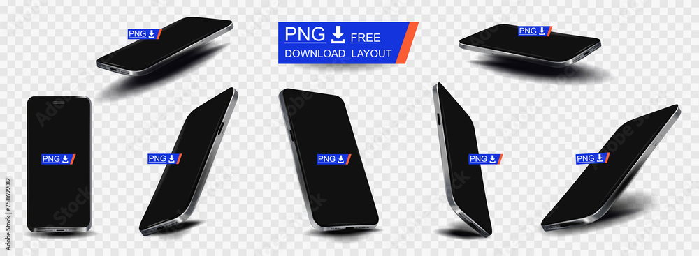 Poster vector set of stylish smartphones of a new model with blank screen on transparent background. free c