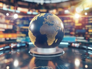 Illuminated globe on futuristic news studio set symbolizing worldwide information dissemination
