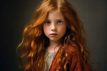 A closeup portrait of a cute little girl with long red hair.