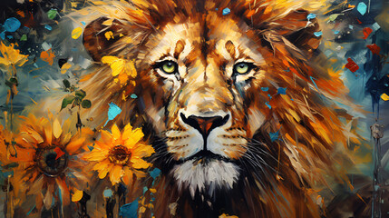 Lion made of oil paint modern art with sunflower ..