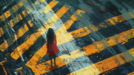 Lonely woman standing on urban pedestrian crossing