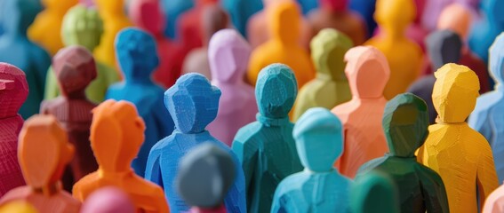 Conceptual image of multicolored figurines in a row symbolizing diversity and social or corporate unity - AI generated - obrazy, fototapety, plakaty