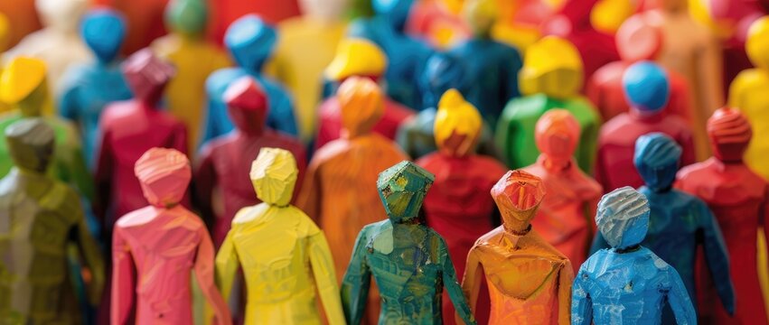 Conceptual image of multicolored figurines in a row symbolizing diversity and social or corporate unity - AI generated