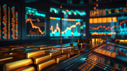 Futuristic investment display: Gold bars and vibrant charts,generative ai