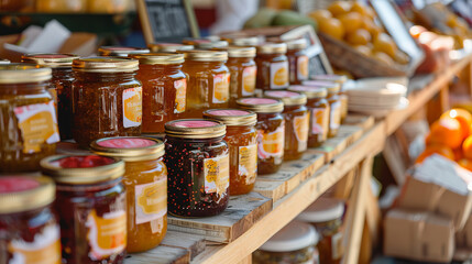 This photo features a selection of homemade jams and preserves on a wooden shelf at a farmer’s market - Powered by Adobe