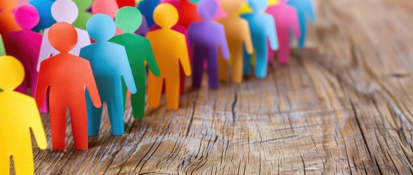 Conceptual image of multicolored figurines in a row symbolizing diversity and social or corporate unity - AI generated