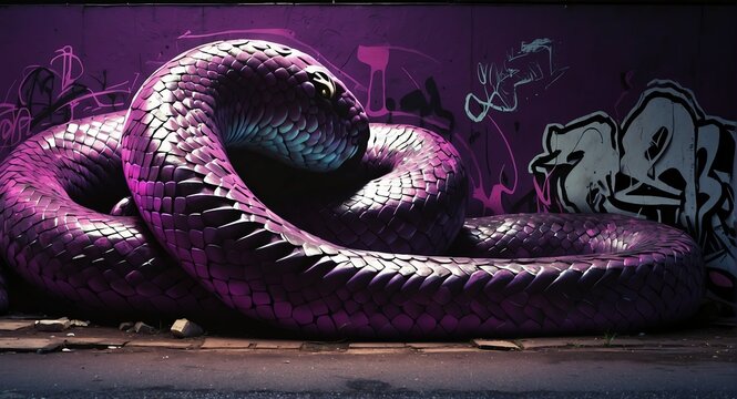 Abstract purple theme of a giant snake spray painted vandalized concept graffiti tag art background from Generative AI