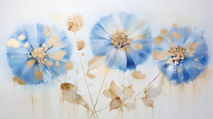 Luxury floral oil painting. Gold and blue dandelions o