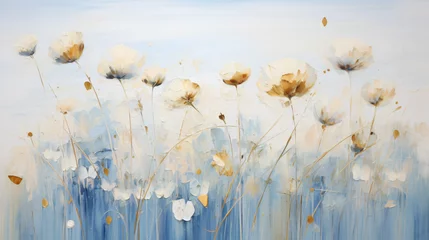  Luxury floral oil painting. Gold and blue dandelions o © Natia
