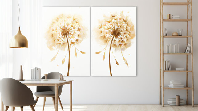 Luxury floral oil painting. Gold dandelion on white ba