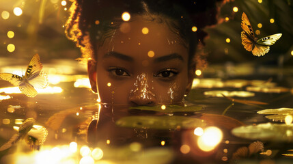 A beautiful exotic black african american girl emerging from pound water with plants and beautiful light showing the details of the beauty face in this luxuriant environment - Powered by Adobe