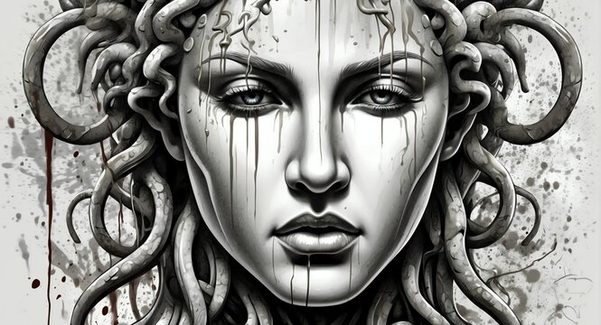 Abstract white theme of medusa spray painted vandalized concept graffiti tag art background from Generative AI