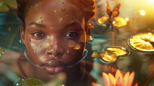 A beautiful exotic black african american girl emerging from pound water with plants and beautiful light showing the details of the beauty face in this luxuriant environment