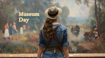 International Museum day image with a person looking at a painting with written Museum Day to celebrate this world day