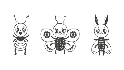 Retro insect characters doodle set ant butterfly stag beetle. Happy cartoon bugs in outline style. Vector illustration of cute hand drawn baby mascot for kids children garden summer design